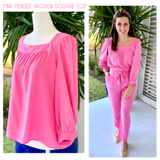 Pink Pensee Woven Square Neck LINEN Top