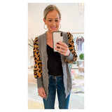Grey Fringe Knit Cardigan with Contrasting Camel & Black Leopard Balloon Sleeves & Front Pockets