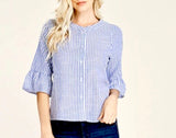 Blue White Stripe Button Down 1/2 Length Bell Sleeve Top