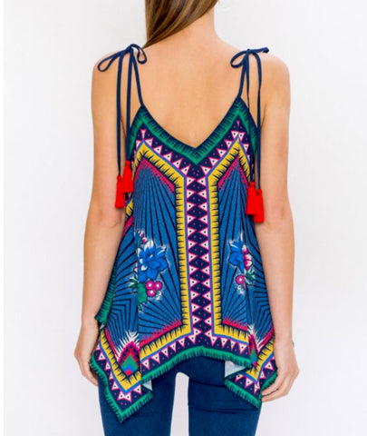 Electric Blue Aztec Top with Red Tassel Ties