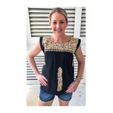 Black & Taupe Embroidered Textile Top