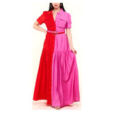 Red & Hot Pink Button Down Short Sleeve Textured Maxi Dress with Tiered Ruffle Hem & Optional Belt