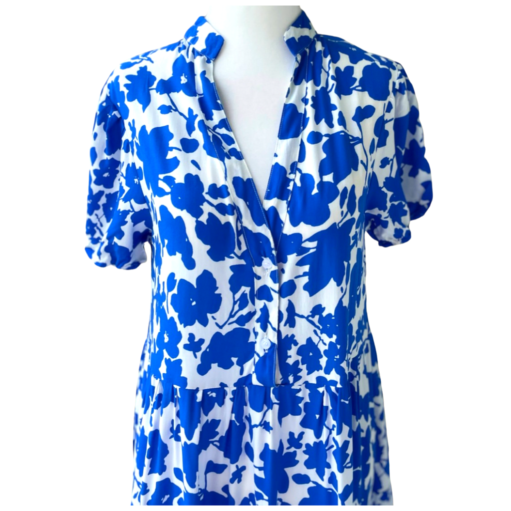 Blue & White Floral Puff Sleeve Malaga Dress with Tiered Ruffle Hem ...