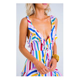 Rainbow Stripe Tiered Ruffle Dress with Semi Open Tie Back