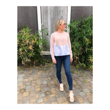 Petal Pink Knit Poplin Sweater with Shirttail Placket & Pleated Shirred Back Contrast