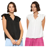 Black or White Pleated Flutter Sleeve Blouse with Optional Neck Tie