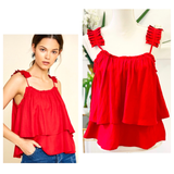 Red Pleated Accordion Sleeve Tiered Hem Cami with Ruched Ruffle Trim