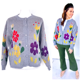 Grey Multicolor Flower Button Front Cardigan