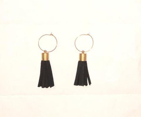 Black Leather Tassel Hoop Earrings