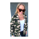 Taupe & Green Camo Knit Cardigan with Pockets & Banded Sleeves