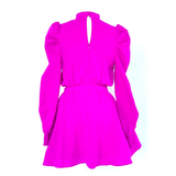 Hot Pink Puff Sleeve Fit & Flare Dress with Smocked Waist & Keyhole Back