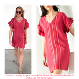 Pink Red Orange Stripe Combo Ruffle Sleeve Dress with Embroidered METALLIC SILVER Neckline