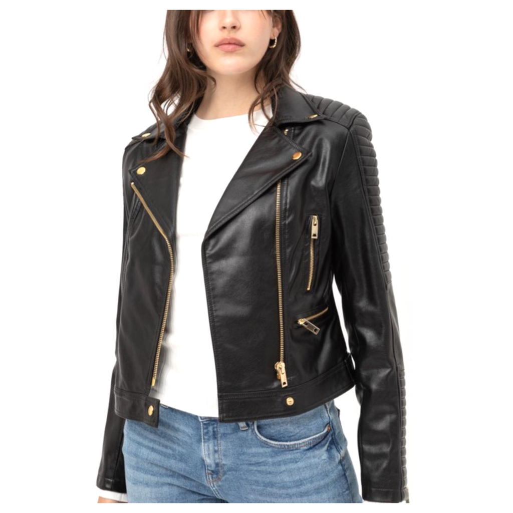 Black Vegan Leather Moto Jacket with Gold Hardware & Ribbed Sleeve ...