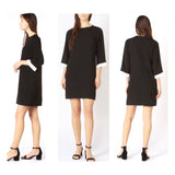 Black Knit 3/4 Sleeve Shift Dress with Pleated Ivory Poplin Sleeves & Ivory Neckline Piping