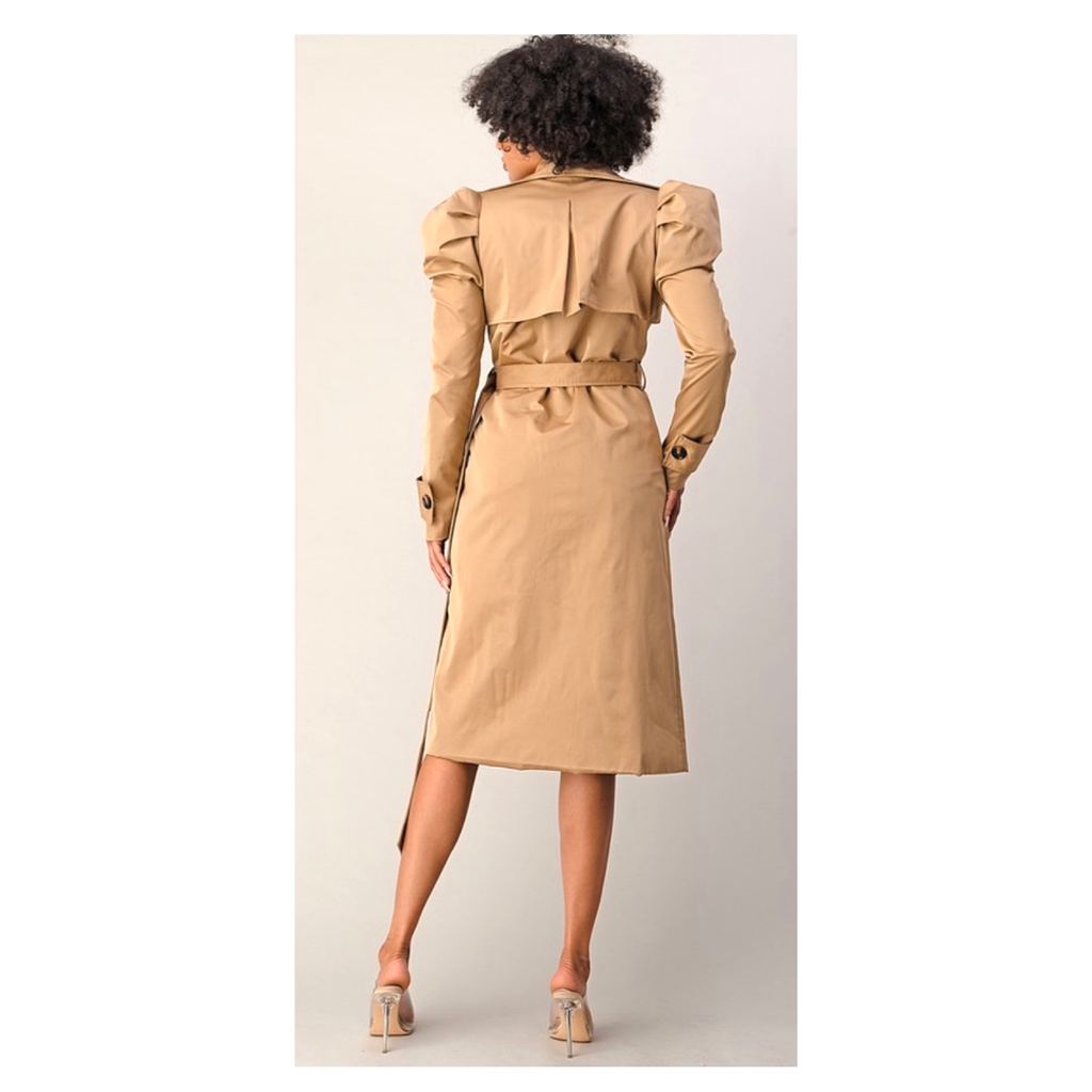 Camel Shirred Puff Sleeve Double Breasted Sophisticated Belted