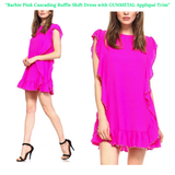 Barbie Pink Cascading Ruffle Textured Shift Dress with Round GUNMETAL Appliqué Trim & Keyhole Back
