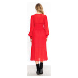 Red Bishop Sleeve Smocked Ruffle Waist Gauze Midi Dress