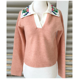 Dusty Pink EMBROIDERED Shirttail Collar Miranda Sweater
