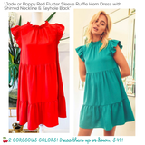 Jade or Poppy Red Flutter Sleeve Ruffle Hem Dress with Shirred Neckline & Keyhole Back