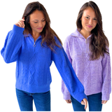 Lucia Cashmere Blend Pointelle Knit Quarter Zip Sweater in French Blue & Lavender