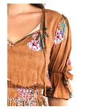 Saddle Floral Smocked Waist Grecian Midi Dress with Tiered Ruffle Hem & Optional Tassel Tie