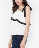 White Off the Shoulder Ruffle Top with Black Ribbon Trim and Bow Detail