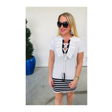 White Short Sleeve Dress with Ruffle Lace Up Front & Black Stripe Contrast