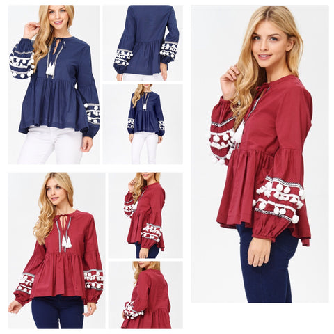 Navy OR Wine Red Long Sleeve Pom Pom Tunic with Tassel Tie