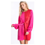Magenta & Coral Red Satin Color Block Balloon Sleeve Dress with Front or Back Self Tie