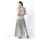 Metallic Silver with Olive Hue Smocked Waist Pleated Flutter Sleeve Maxi Dress with Optional Tassel Tie