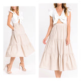 White Flutter Sleeve Tie Front Midi Dress with Camel Gingham Tiered Skirt Contrast & Pockets