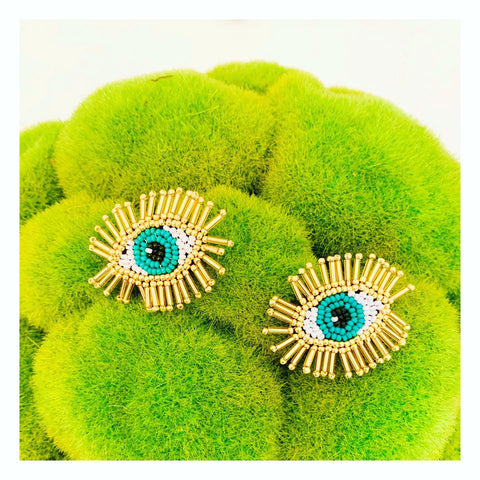 Gold & Turquoise Evil Eye Beaded Burst Earrings