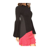 Black Fine Knit Balloon Sleeve High Low Sweater with Contrasting Pleated Blouson Back