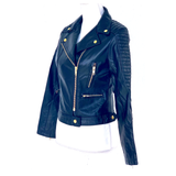 Black Vegan Leather Moto Jacket with Gold Hardware & Ribbed Sleeve Detail