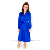 Electric Blue Shirred Shoulder Button Down Woven Dress with OPTIONAL Belt Sash & Pockets