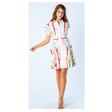White & Watercolor Short Bubble Sleeve Button Down A-Line Dress with Banded Waist