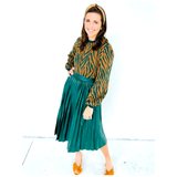 Emerald Green Leather Pleated Midi Skirt & Bow Back Puff Sleeve Top SET