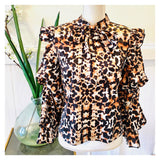 Leopard Print Tiered Balloon Sleeve Ruffle Blouse with Self Tie Bow Front & Keyhole Back