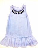 Blue Stripe Sleeveless Drop Hem Button Down Back Dress with Detachable Navy Tassel Bib