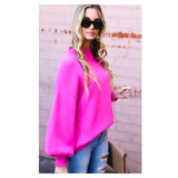 Electric Pink Puff Sleeve Mock Neck Sweater