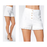 White Eyelet High Waisted Ruffle Hem Shorts with Button Detail