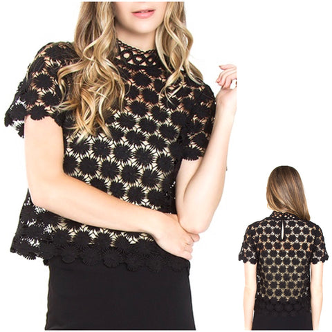 Black Crochet Lace Short Sleeve Top with Keyhole Back