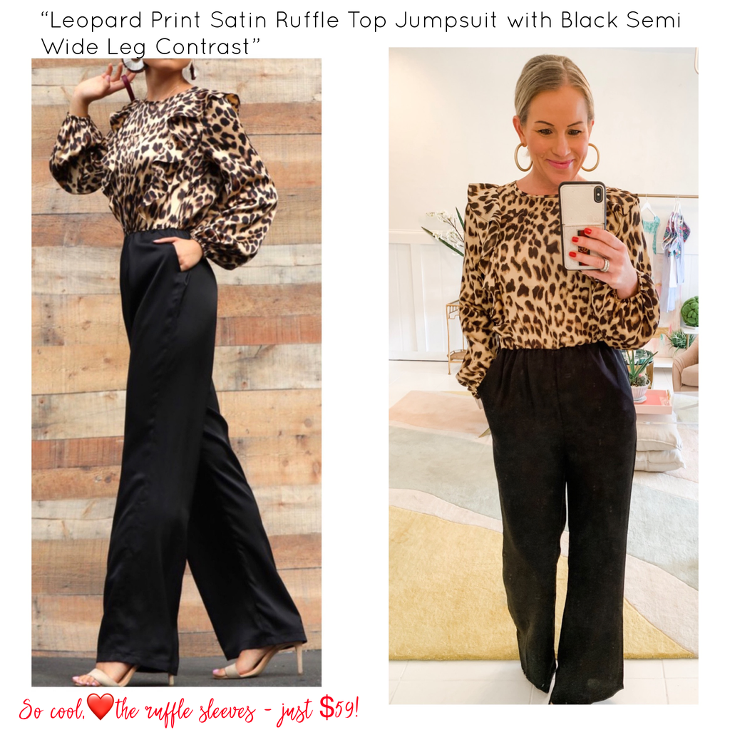 Leopard Print Satin Ruffle Top Jumpsuit with Black Semi Wide Leg