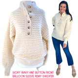Ivory Wavy Knit Button Front Balloon Sleeve Remy Sweater