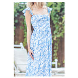Blue & White Floral Print Smocked Bodice Flutter Sleeve Maxi Dress