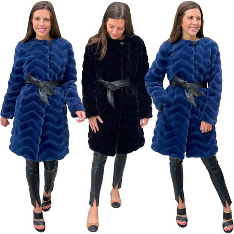 Scalloped Trimmed Sapphire or Black Chevron Faux Fur Kelly Jacket with Optional Leather Belt