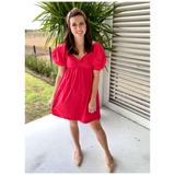 Azure Blue, RED or PINK Puff Sleeve Poplin Dress with Smocked Back