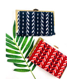 Red or Navy & Gold Textured Aztec Design Bags with Detachable Gold Chain