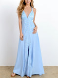 Baby Blue Embroidered Maxi Dress with Criss Cross Open Back