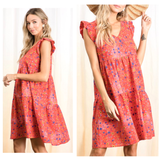 Red & Lavender Floral Print Flutter Sleeve Dress with Tiered Ruffle Hem